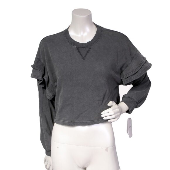 7 For All Mankind Ruffled Cropped Sweatshirt Sweater Grey Crewneck NEW - Picture 2 of 8